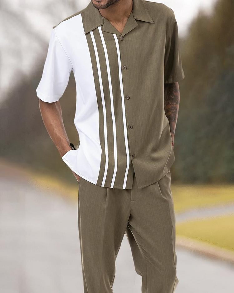 Olive Striped Color Block Walking Suit 2 Piece Short Sleeve Set With Long Pants