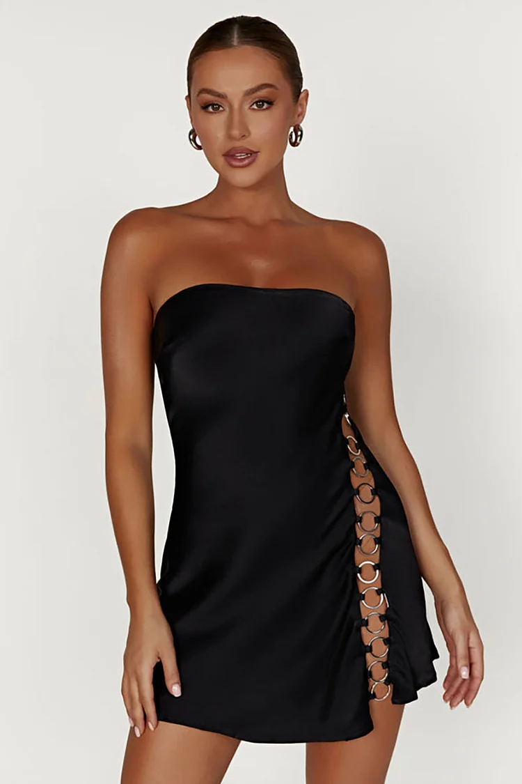 Satin Strapless Slim Fit Cut Out Ring Decor Mini Dresses-Black [Pre Order]