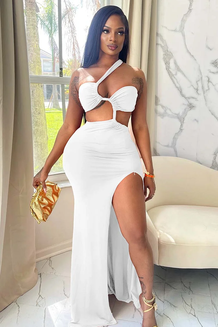 Cut Out One Shoulder Sleeveless Asymmetrical Ruched High Slit Prom White Maxi Dresses