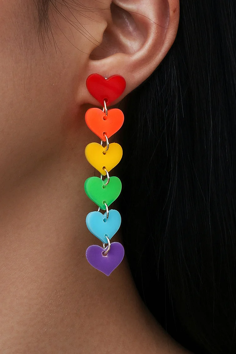 Party Rainbow Love Heart-Shaped Tassels Acrylic Dangle Earrings 2024 - Xpluswear