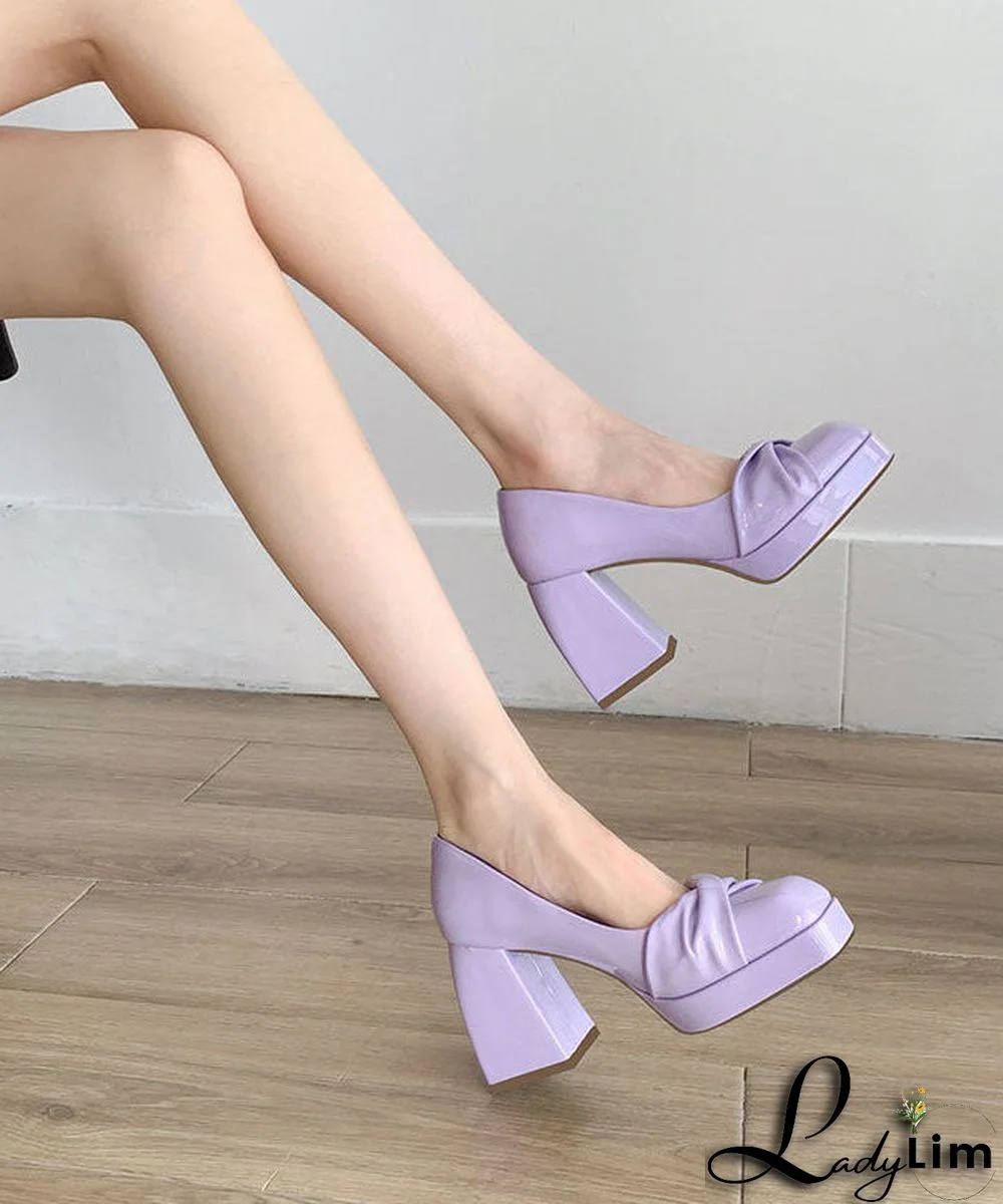 Beautiful Purple Cowhide Leather Splicing Chunky High Heels