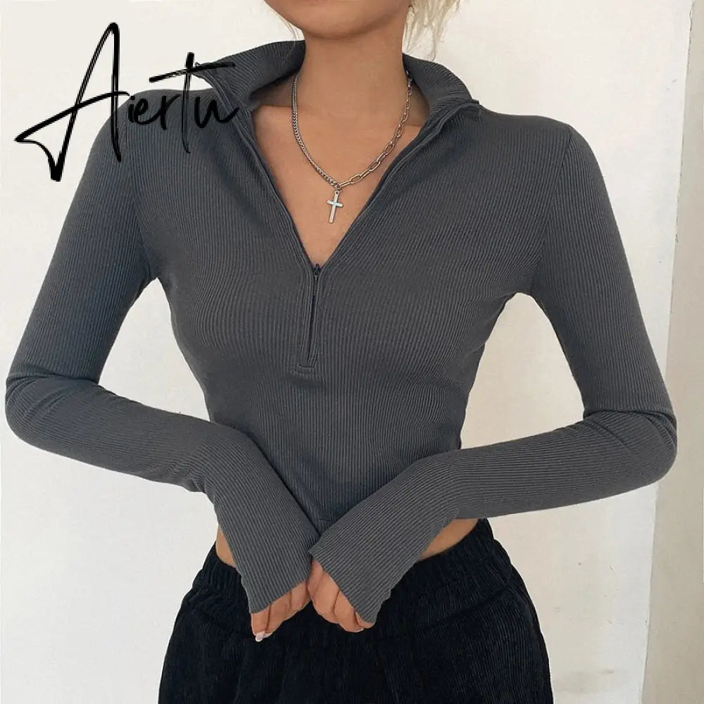 Solid color casual T-shirt women  long sleeves turtleneck crop tops sexy simple style party club spring summer new Aiertu