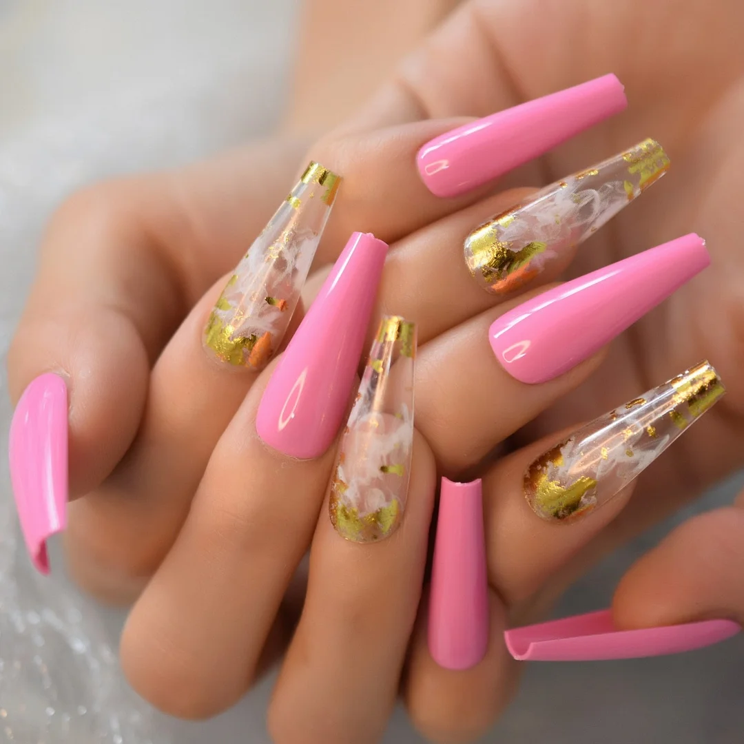 Glossy 24Pcs 6Pcs Foil Set Extra Long Fake Nails Fingernails Art Coffin Nails Tip Simple Design Supplies For Professionals EchiQ-Nail Inspo