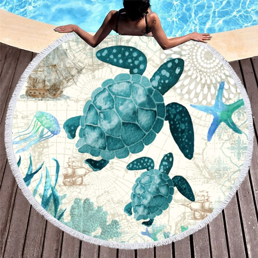 Sea Turtle Printed Round Beach Towel Microfiber Compressed Bath Towel For Adults Kids Summer Quick-Dry Beach Towel With Tassels