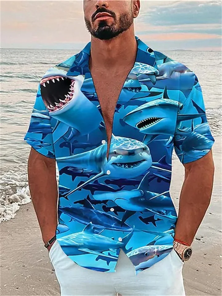 Men's Short Sleeve Cuban Collar Shirt Hawaiian Shark Print Blue-Mixcun