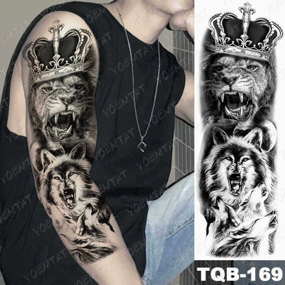 Large Arm Sleeve Tattoo Lion Crown King Rose Waterproof Temporary Tatoo Sticker Wild Wolf Tiger Men Full Skull Totem Tatto Women