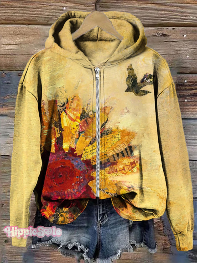 Vintage Floral Art Print Casual Zip Hoodie Sweatshirt Multicolor / S