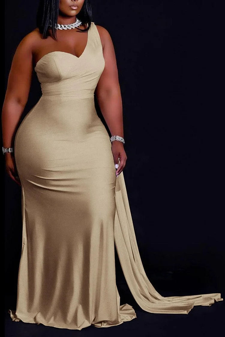 Xpluswear Plus Size White Formal Champagne Elegant One-Shoulder Wedding Dress Maxi Dress