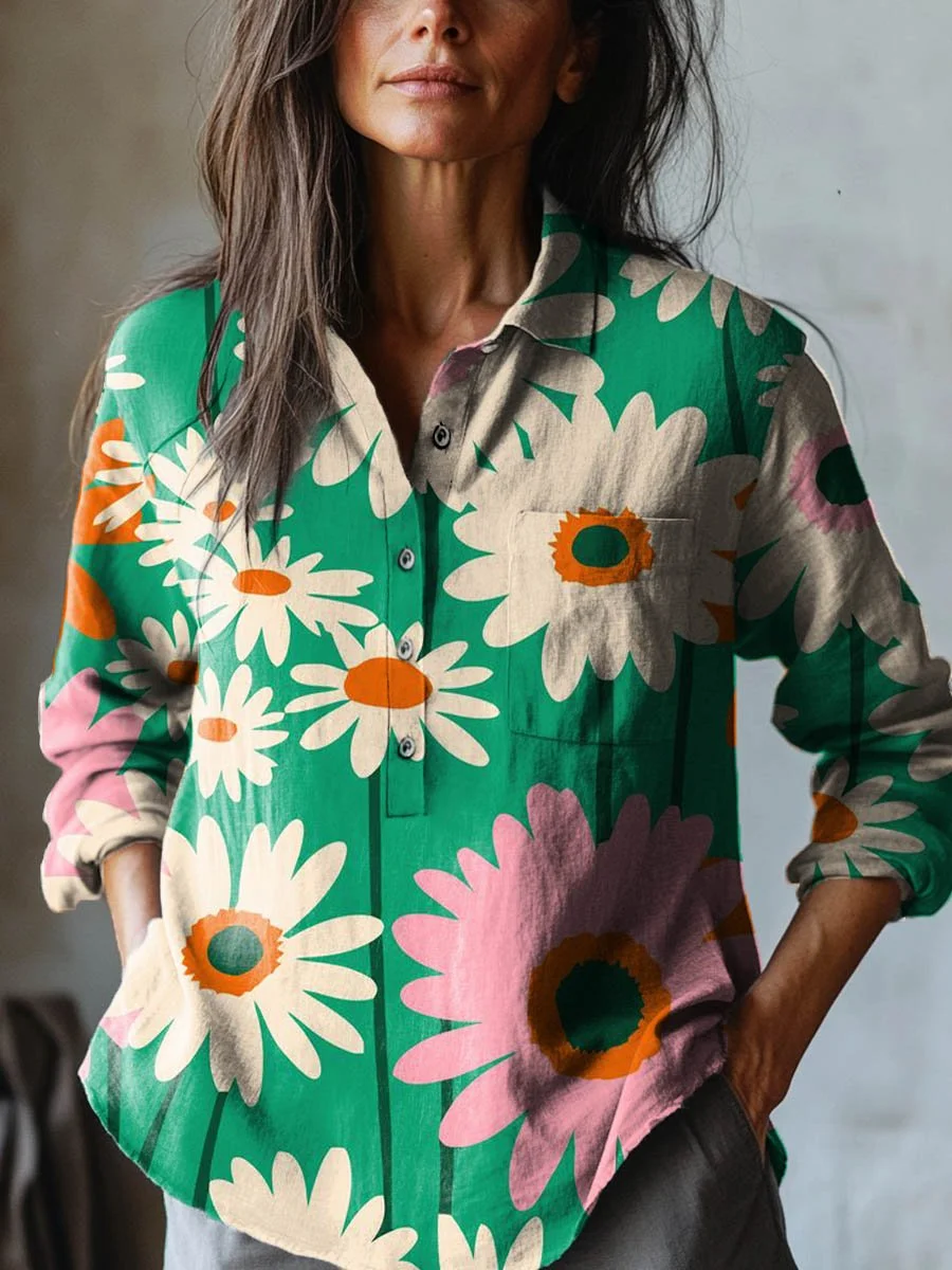 Women's Lovely Floral Art Print Casual Cotton And Linen Shirt