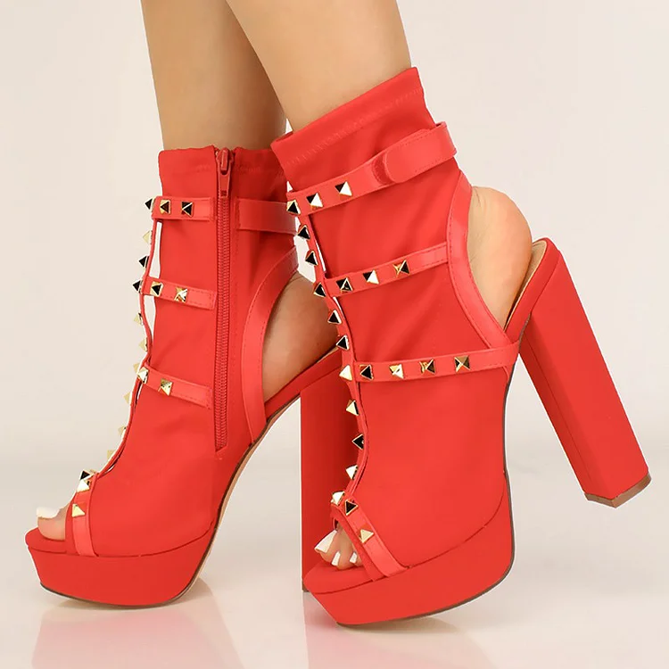 Red Chunky Heel Platform Ankle Boots with Peep Toe and Rivets in Lycra Material. Vdcoo