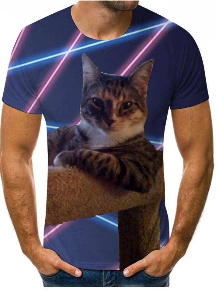Cat 3D Digital Print Men's Short-sleeved Striped Top-Cosfine