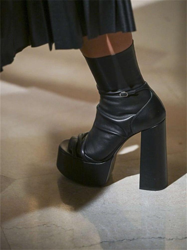 Ladies All Seasons Platform Removable Elastic Socks Round Toe Chunky Heel Strap Booties