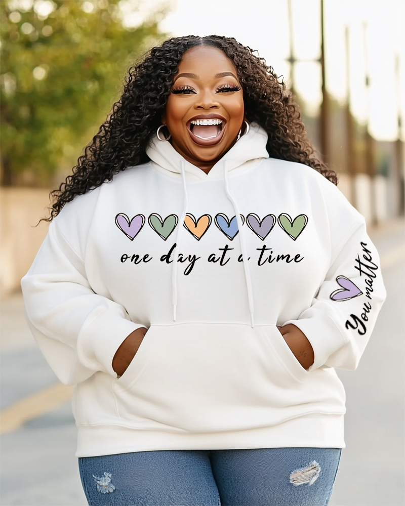 Women's Mental Health Slogan One Day At A Time Pocket Long Sleeve Hooded Sweat