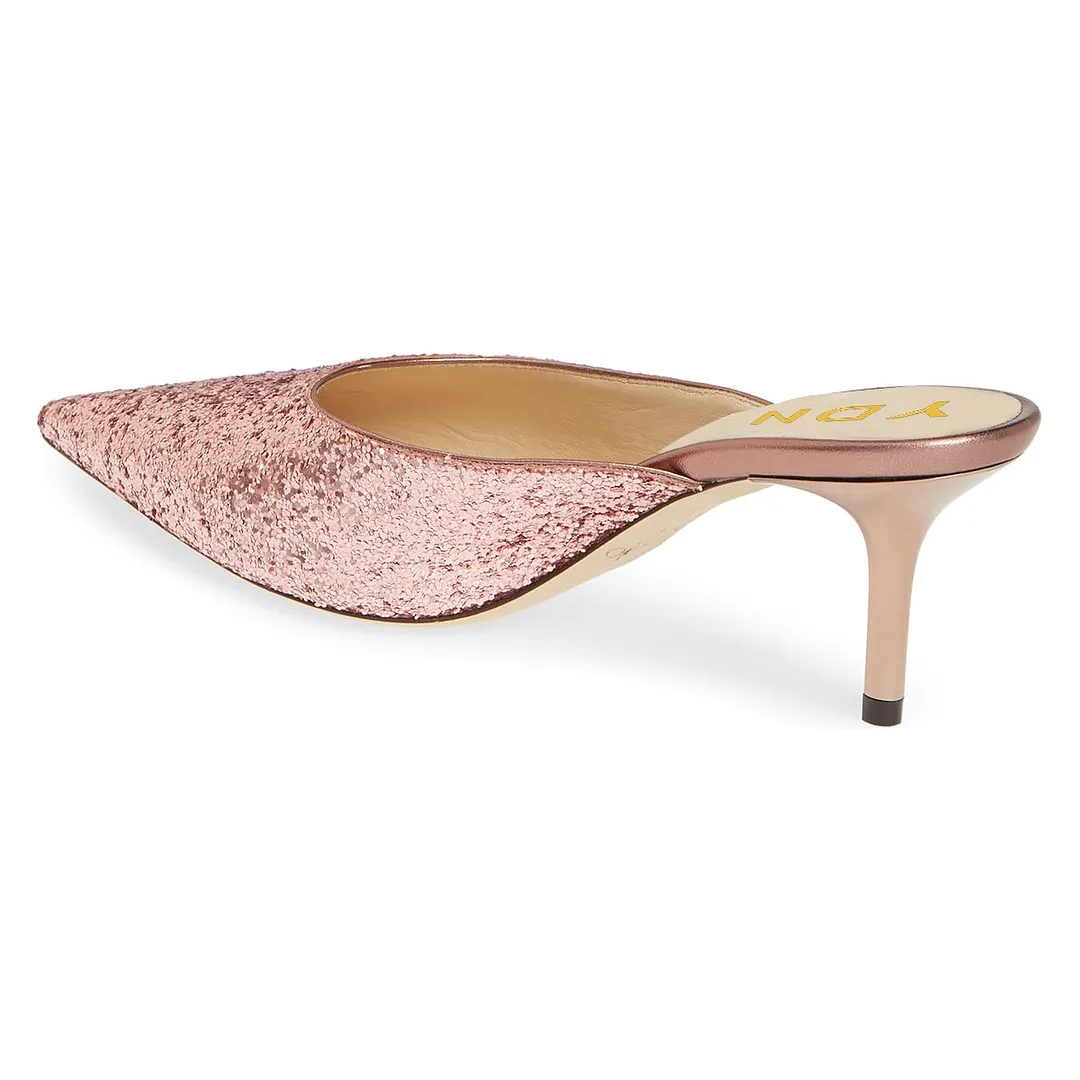 Pink Glitter Pointed Toe Stiletto Heel Mule Shoes for Women