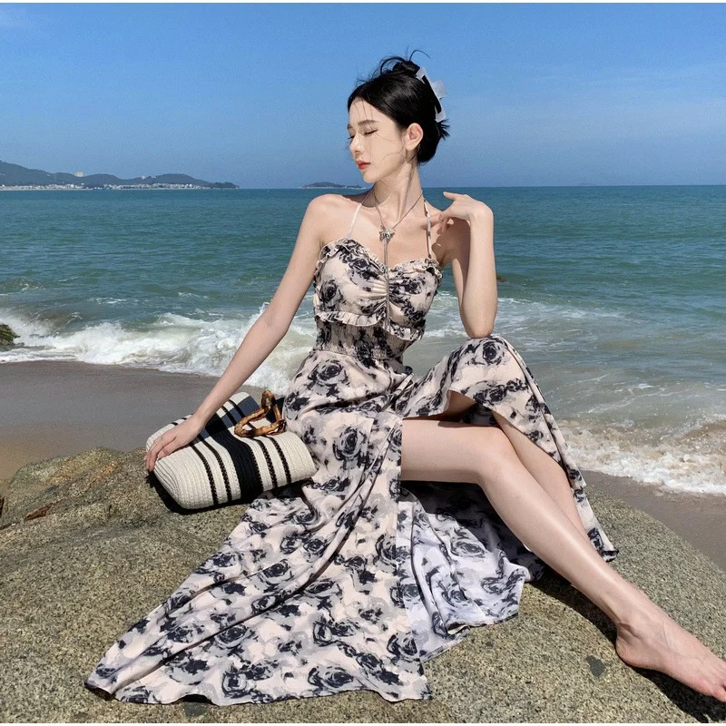 Zingj Zingj Photo Rose Vacation Style Hanging Ter Dress Retro Back Super Slim Slit Dress