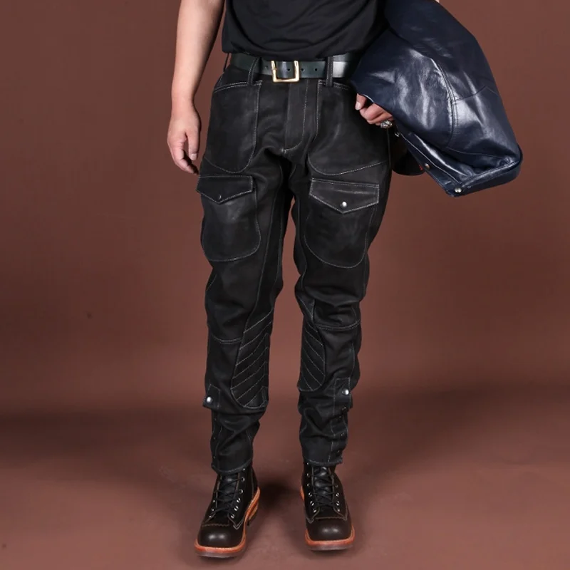 Fashion Heavy Nubuck Leather Motorcycle Riding Casual Pants
