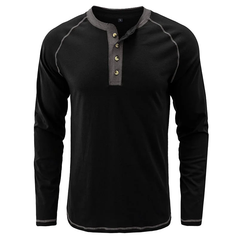 Soft Cotton Fabric Long Sleeve Henley Collar Polo Shirt