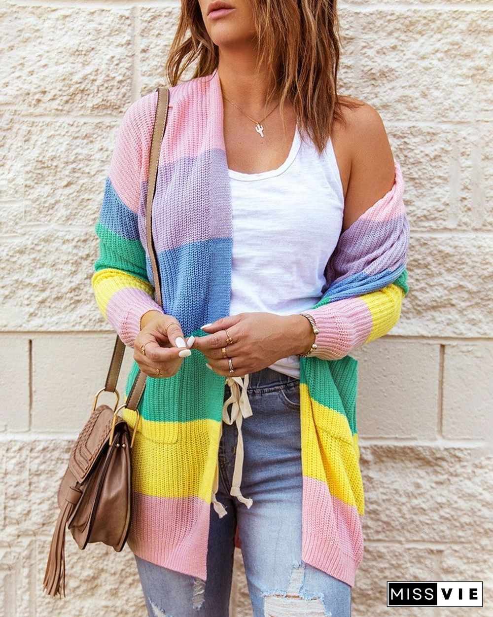 Striped Print Colorblock Pocket Design Long Sleeve Cardigan