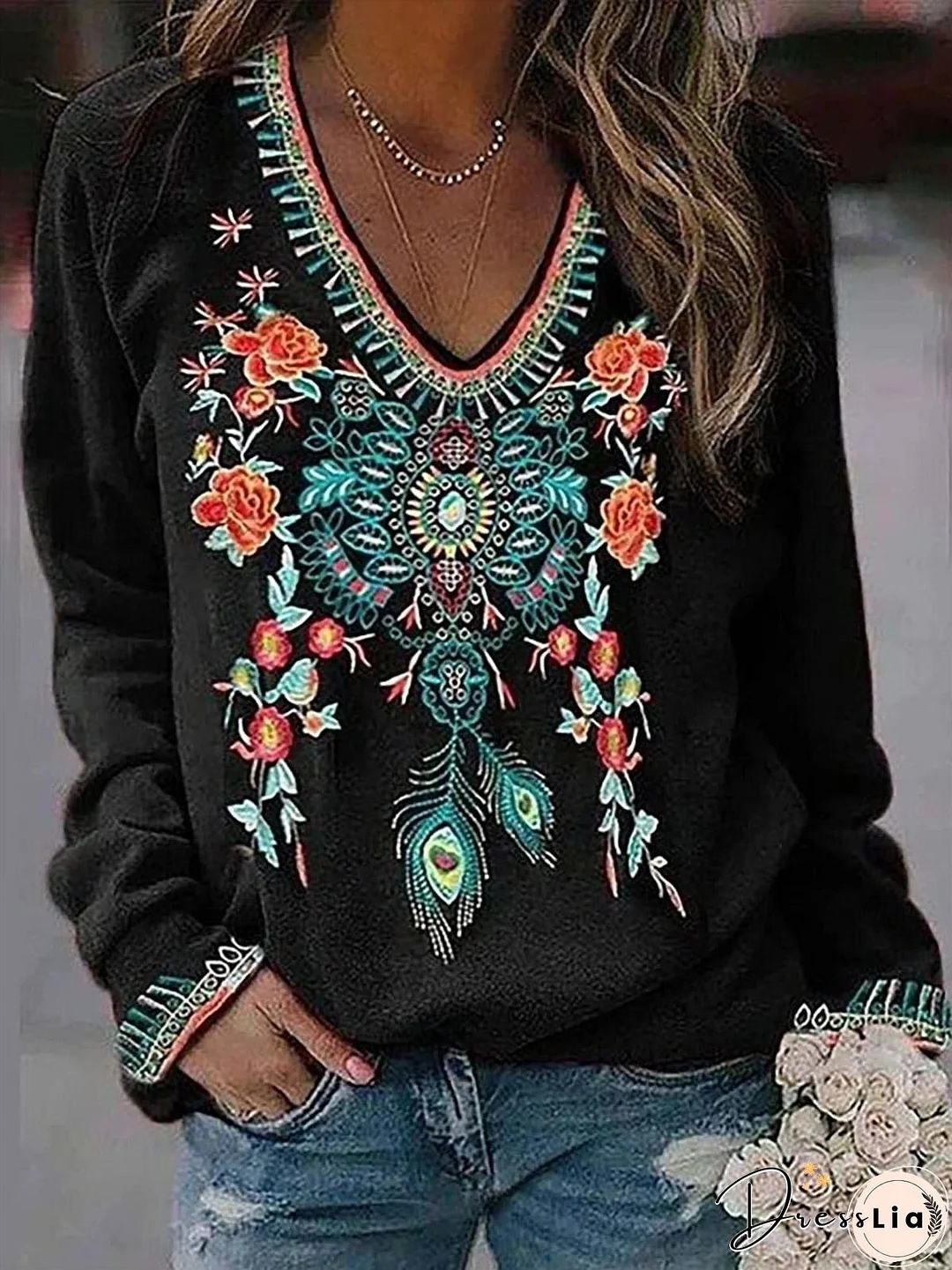 Black V-Neck Floral Print Long Sleeve Shirt