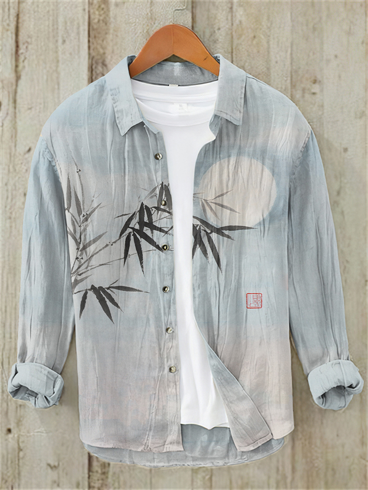 Comstylish Bamboo & Moon Japanese Art Casual Linen Blend Shirt