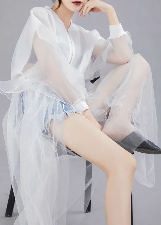 Beautiful White zippered Patchwork asymmetrical design Fall Dresses Long sleeve