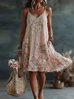 Women's Floral Roses Art Print Casual Suspender Mini Dress