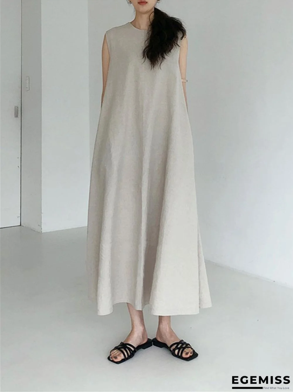 Simple Lazy Big Swing Loose Sleeveless A-line Vest Slim Cotton and Linen Dress | EGEMISS