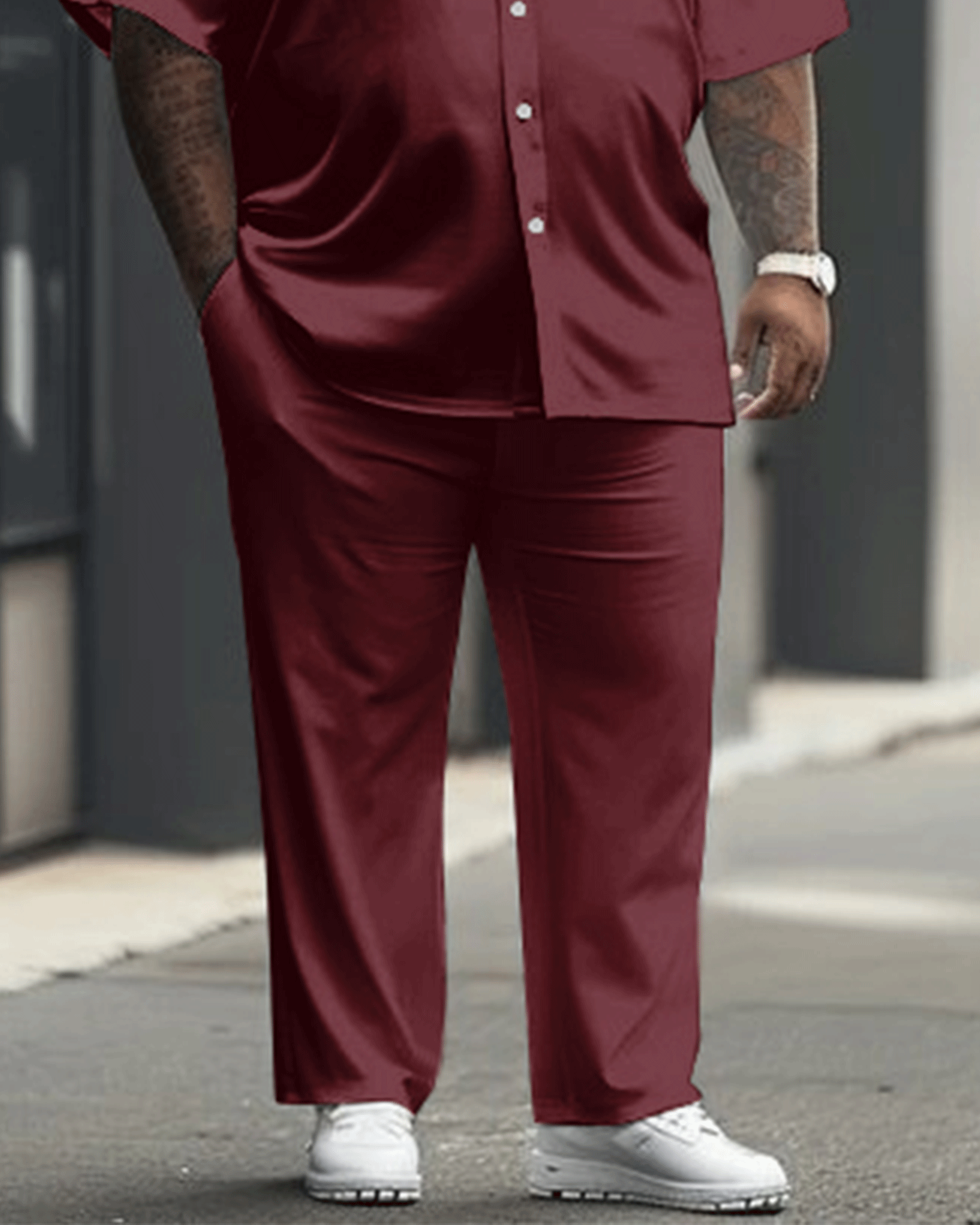 Men's Plus Size All-match Solid Color Burgundy Red Short-sleeved Shirt Trousers Suit