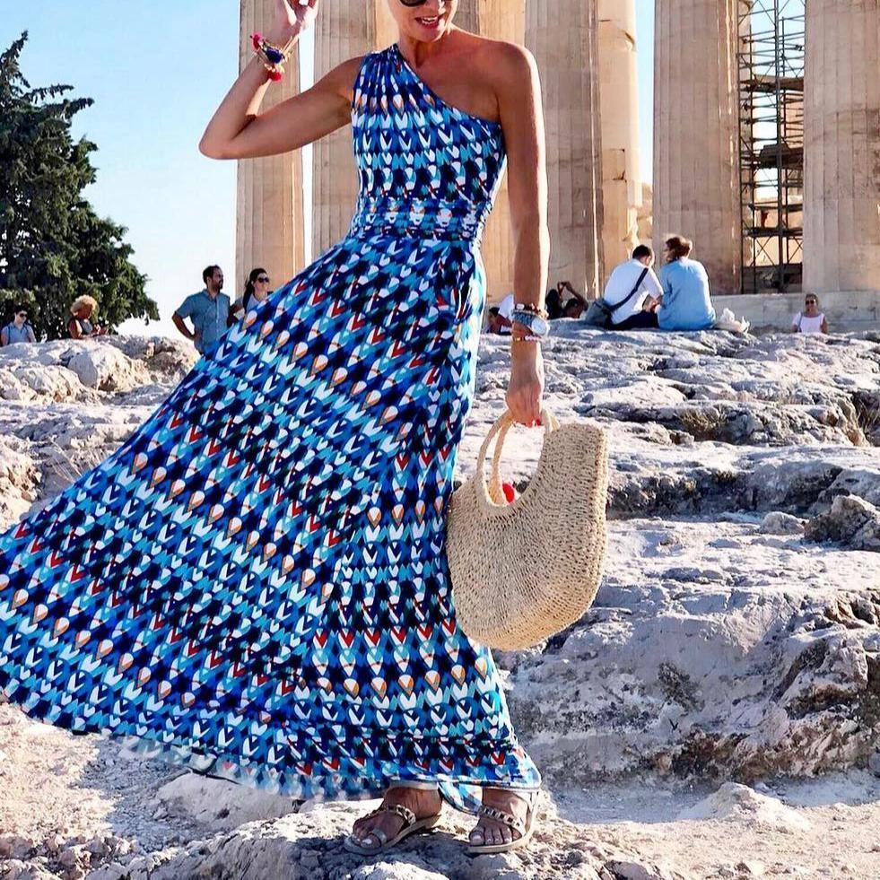 Fashion Floral Printed One Shoulder Maxi Dress-vocosishoes