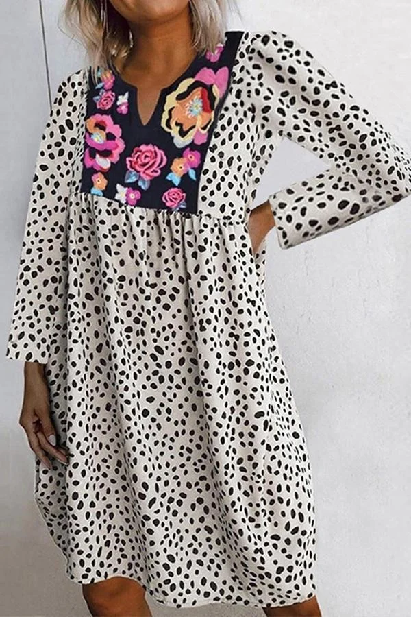 Womens Flower Print Polka Dot Patchwork Dress-Allyzone-Allyzone