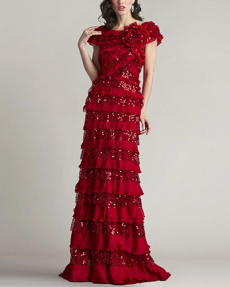 Embellished Tiered Ruffle Gown