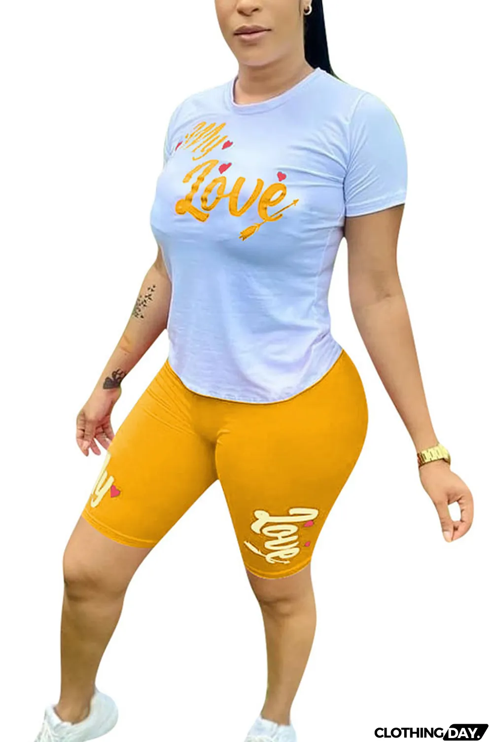 Yellow Fashion Casual Letter Print Two Piece Suits pencil Short Sleeve Two Pieces