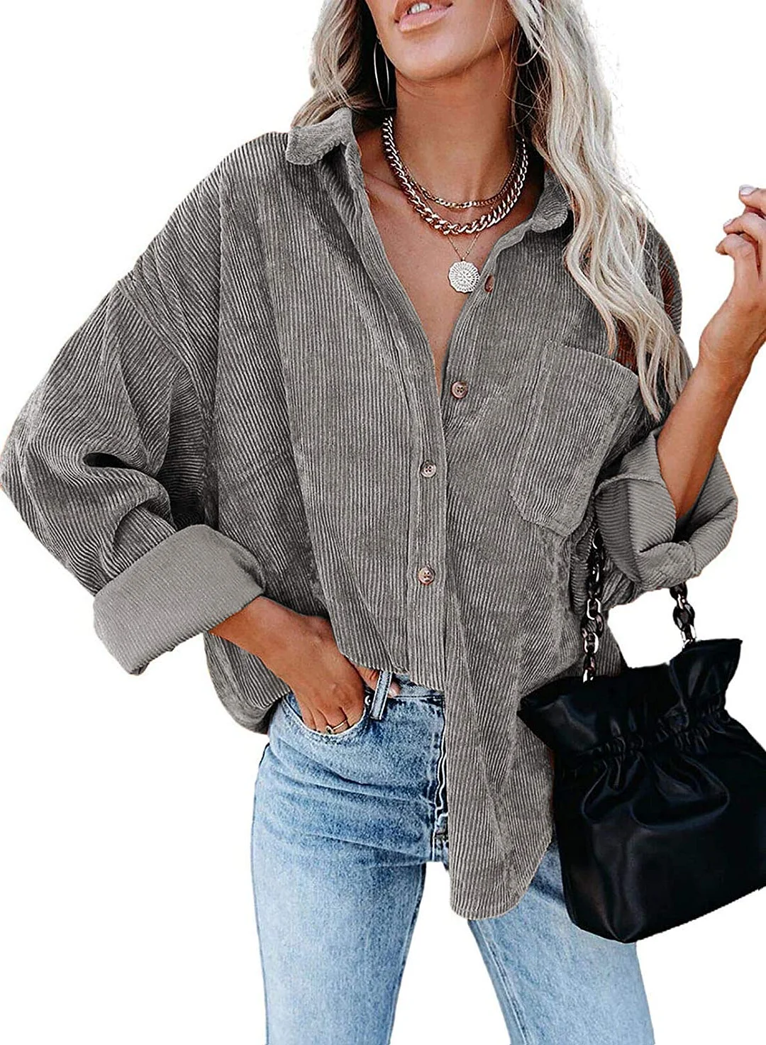 MIHOLL Women Corduroy Long Sleeve Button Down Collared Shirt Jacket Tops