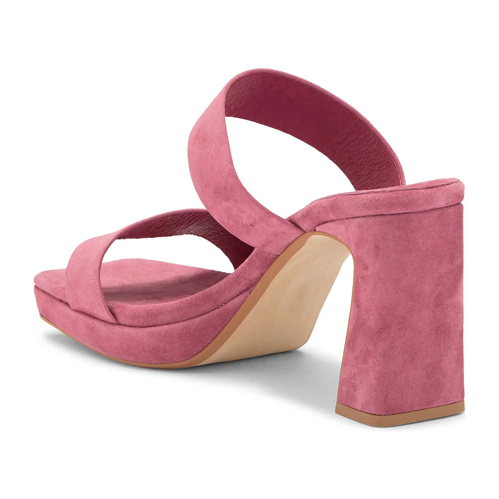 Pink Square Toe Chunky Heel Two Strap Slide Sandals with Platform