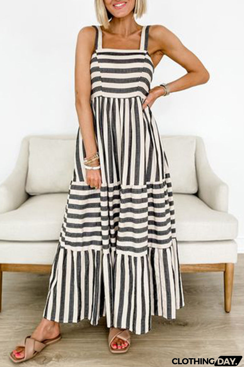 Striped Print Patchwork Square Collar Sling Dresses