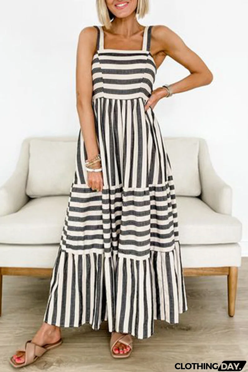 Striped Print Patchwork Square Collar Sling Dresses
