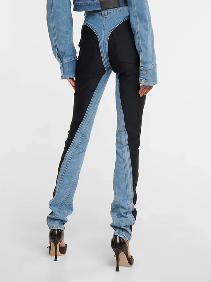 Wongn Wongn Niche Design 2024 New Middle Waist Contrast Color Splicing Washed Light Color Small Foot Jeans Trousers