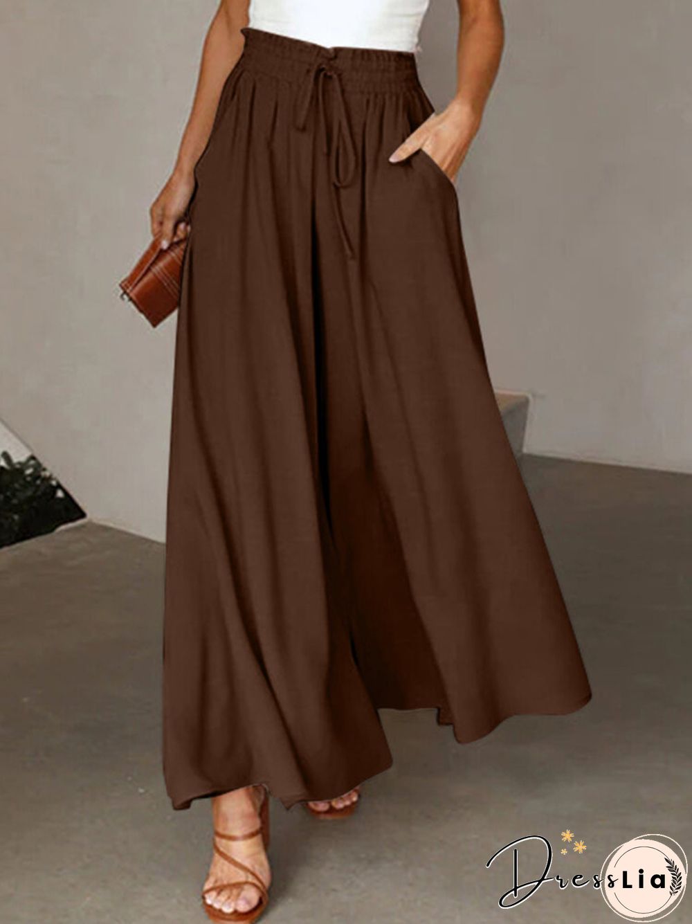 Solid Drawstring Waist Pocket Wide Leg Pants