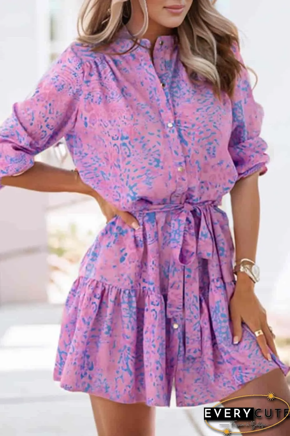 Purple Leopard Print Long Sleeve Shirt Dress
