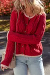 Women's Warm Red Round Neck Cable Knit Buttoned Cardigan Coat 