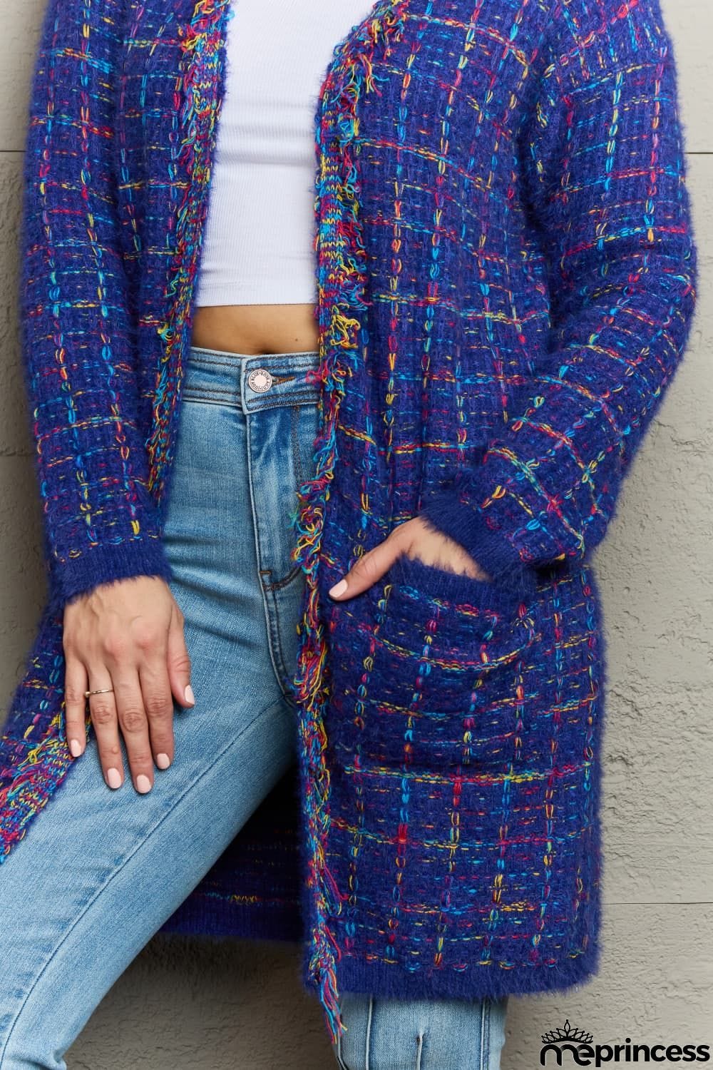 Plaid Fringe Trim Open Front Longline Cardigan