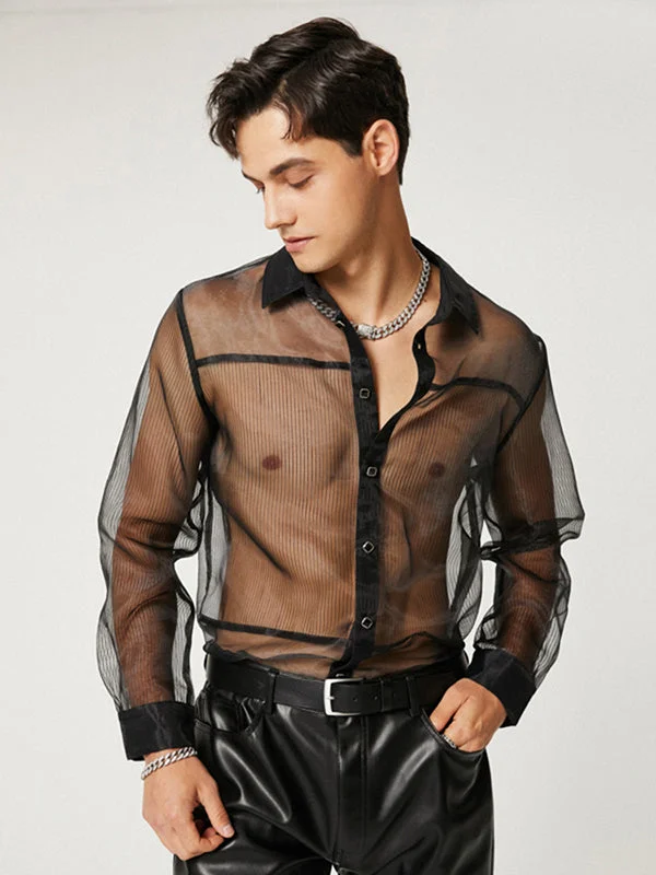 Aonga - Mens Sheer Mesh Through Striped Shirt