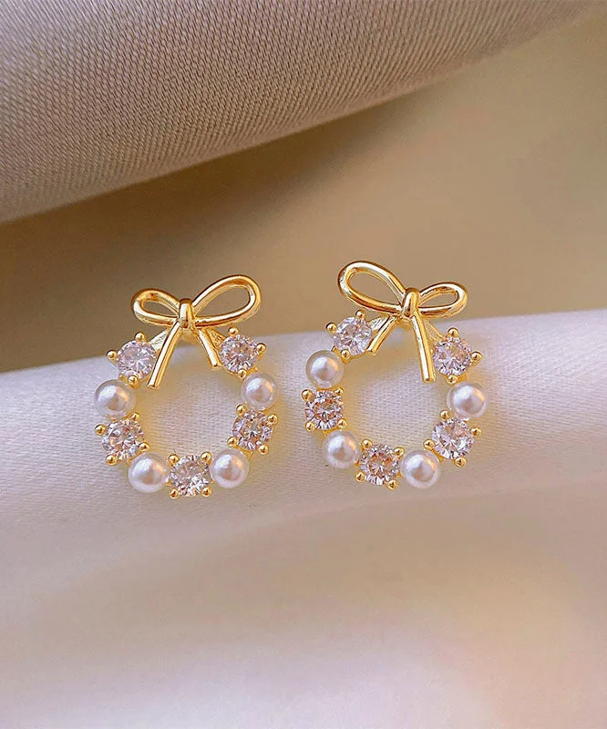 Elegant Gold Copper Alloy Zircon Pearl Bow Hoop Earrings