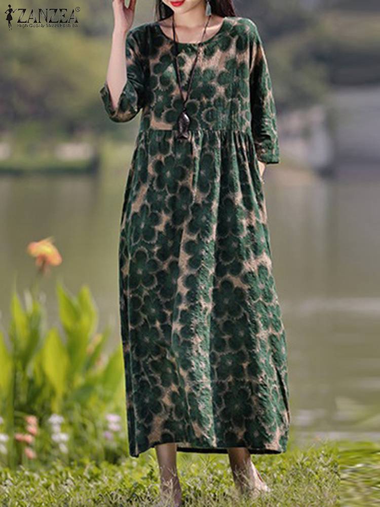 ZANZEA Vintage Floral Print Dresses Women Bohemian Long Dress Autumn Long Sleeve Maxi Sundress Stylish Holiday Robe Vestidos