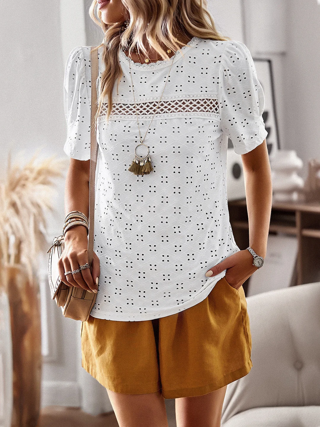 Women's Short Sleeve Round Neck Solid Color Hollow Lace Top T-Shirt