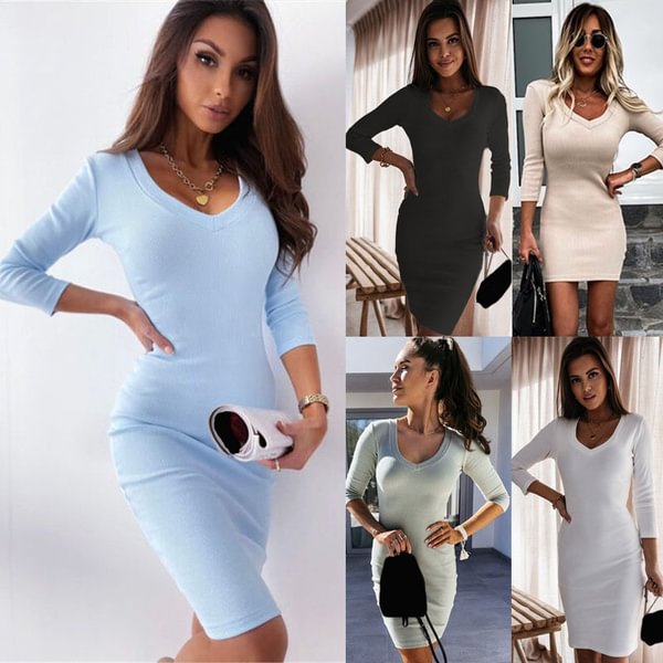 Solid V Neck Long Sleeve Dress Mini Slim Bodycon Package Hip Dress Casual Pullover Autumn Dress Women T-shirt Dress - Life is Beautiful for You - SheChoic