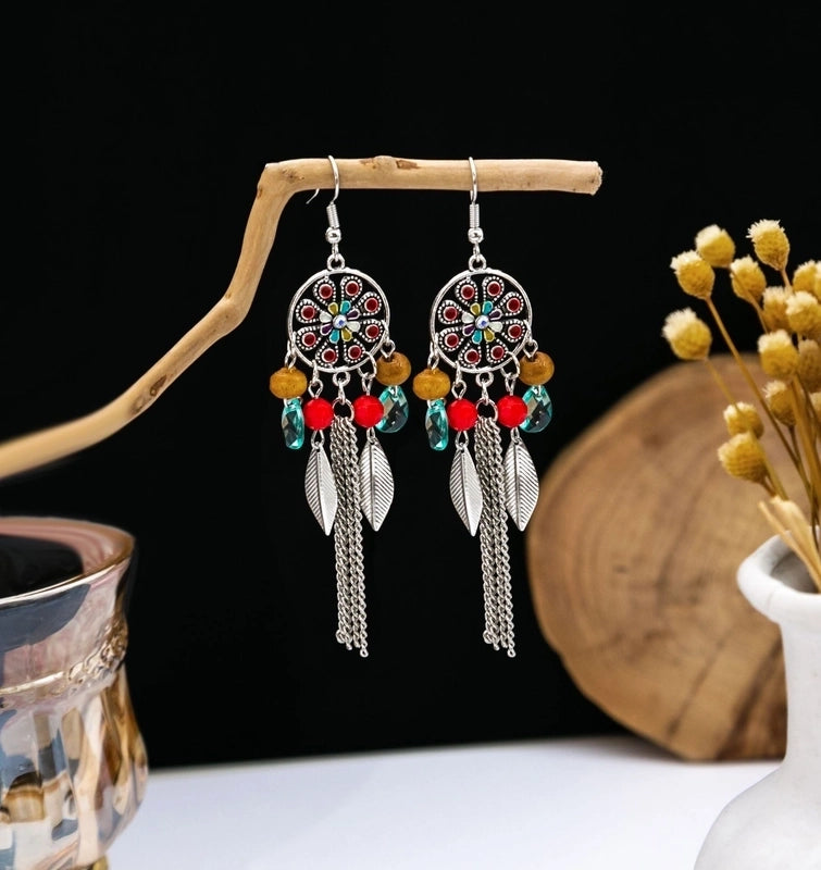 Bohemian Blue Turquoise National Style Earrings Imitation Miao Silver Metal Earrings Vintage Tassel Earrings