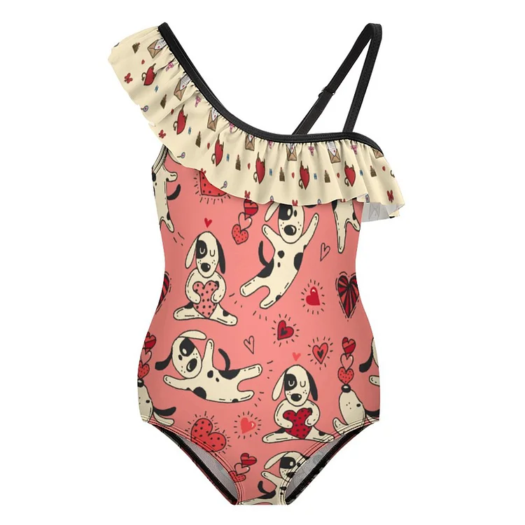 Floundered One-piece Swimsuit for Girls Love Letter, Envelope, Love Dog, Heart, Love