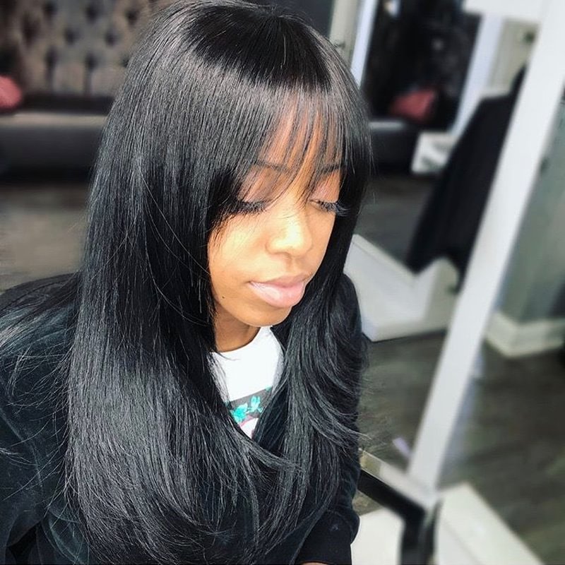 Layered Cut Human Hair Wig With Bangs Full Machine Made Glueless Brazilian Remy Straight Human Hair Wig for Black Women 24inches US Mall Lifes