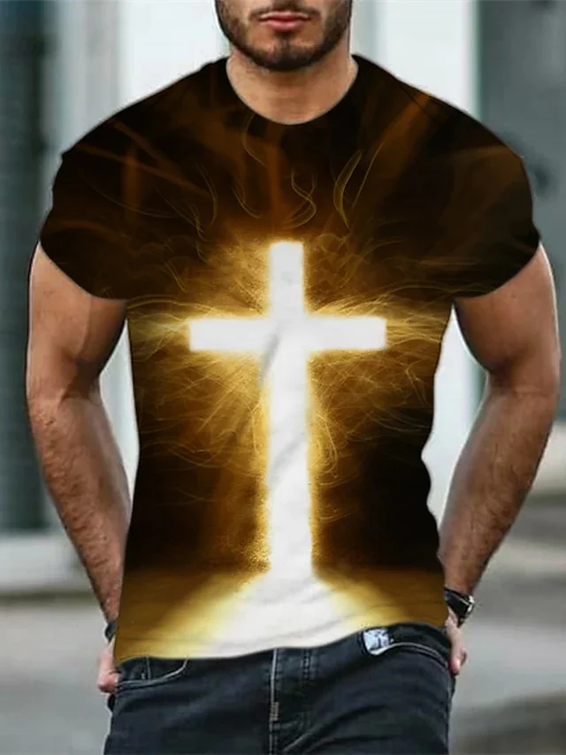 2023 Men's Hot Sale Fashion Casual black luminous cross Printing Short Sleeve T-Shirt Tops